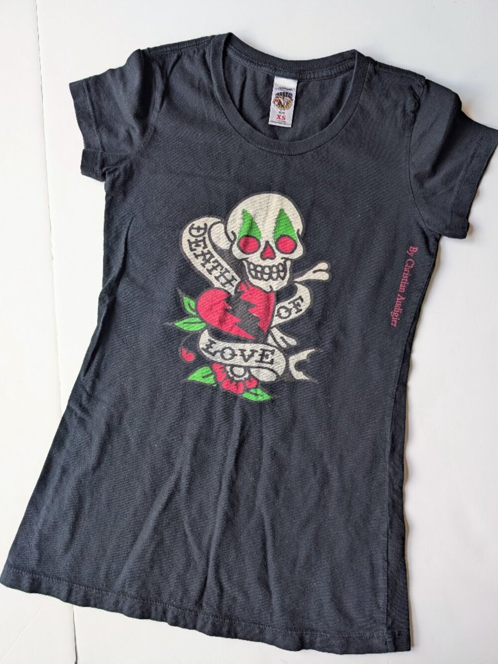 Ed Hardy by Christian Audigier Women's Black Tee Heart Skull Death of Love Sz:XS